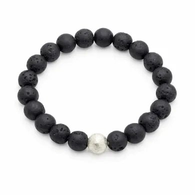 Handmade Lava Beads Stretch Bracelet with 925 Silver Ball Accent