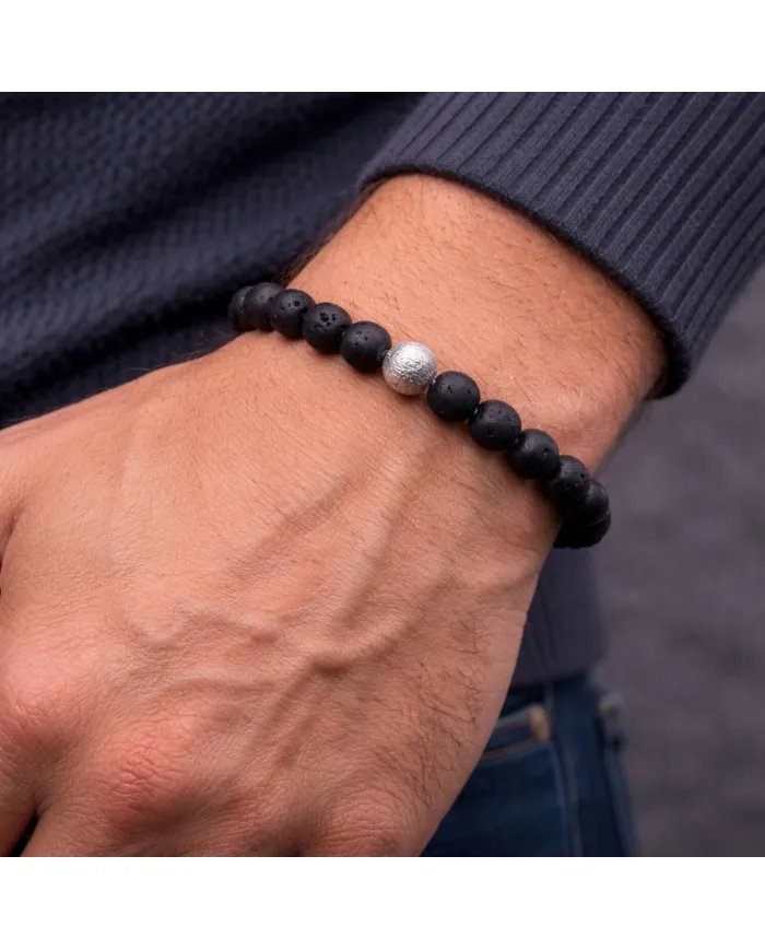 Handmade Lava Beads Stretch Bracelet with 925 Silver Ball Accent