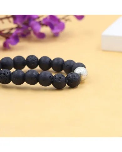 Handmade Lava Beads Stretch Bracelet with 925 Silver Ball Accent