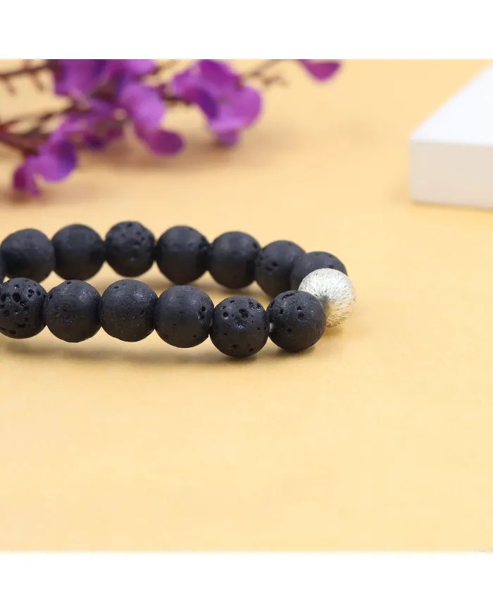 Handmade Lava Beads Stretch Bracelet with 925 Silver Ball Accent