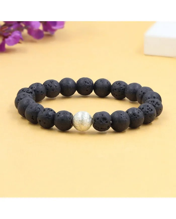 Handmade Lava Beads Stretch Bracelet with 925 Silver Ball Accent