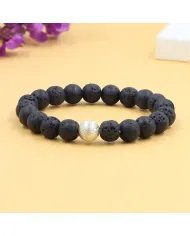 Handmade Lava Beads Stretch Bracelet with 925 Silver Ball Accent