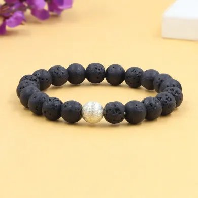 Handmade Lava Beads Stretch Bracelet with 925 Silver Ball Accent