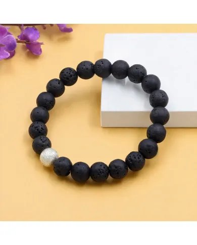 Handmade Lava Beads Stretch Bracelet with 925 Silver Ball Accent