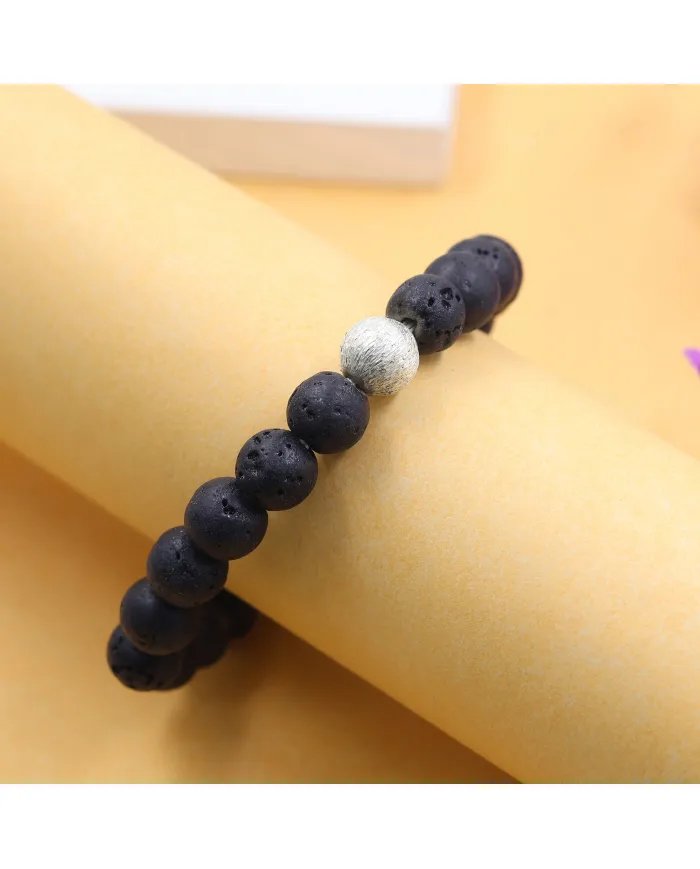 Handmade Lava Beads Stretch Bracelet with 925 Silver Ball Accent