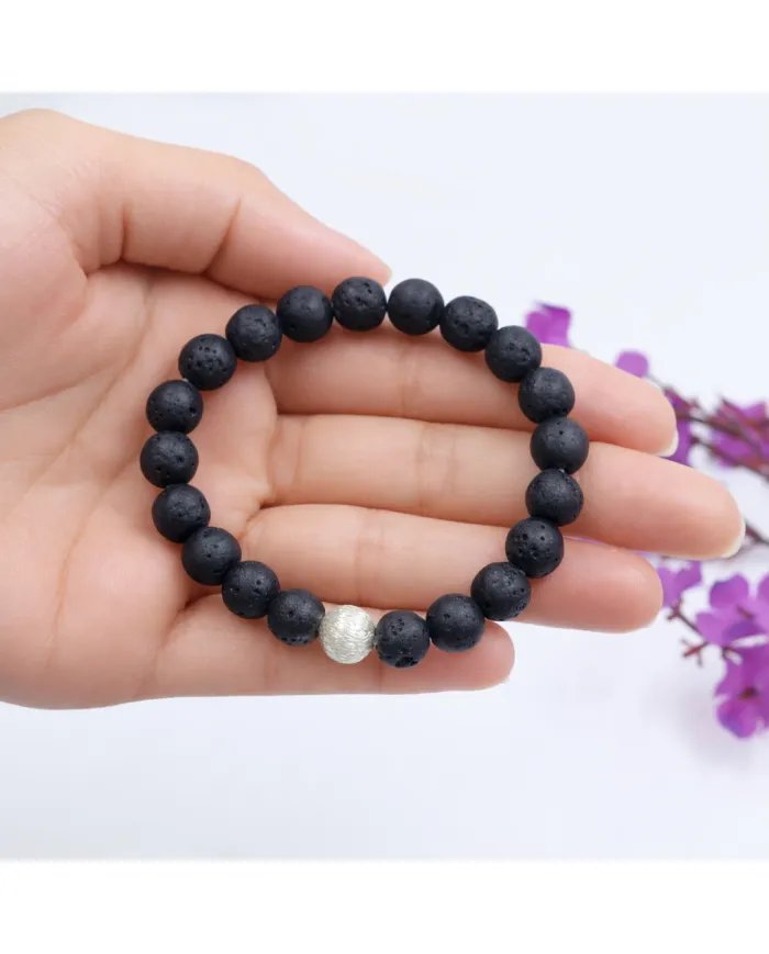 Handmade Lava Beads Stretch Bracelet with 925 Silver Ball Accent