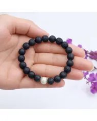 Handmade Lava Beads Stretch Bracelet with 925 Silver Ball Accent