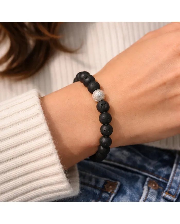 Handmade Lava Beads Stretch Bracelet with 925 Silver Ball Accent