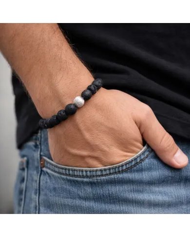 Handmade Lava Beads Stretch Bracelet with 925 Silver Ball Accent