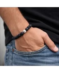 Handmade Lava Beads Stretch Bracelet with 925 Silver Ball Accent