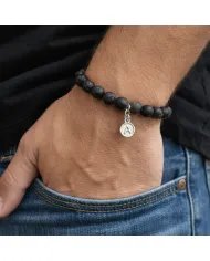 Lava Bead Bracelet - 925 Silver Initial A Charm for Her & Him