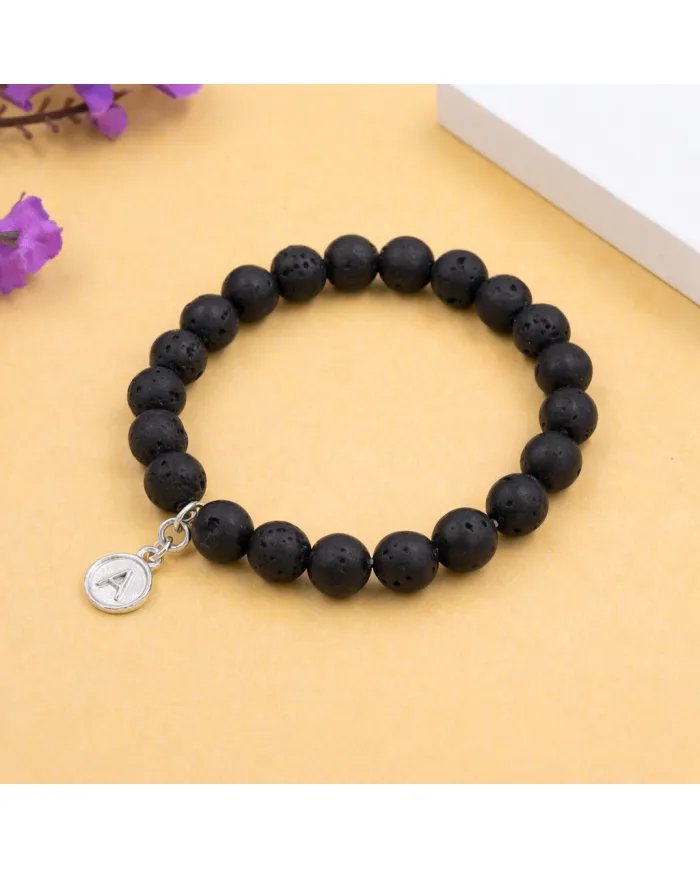 Lava Bead Bracelet - A Charm 925 Silver Personalised Initial