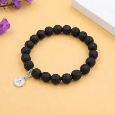 Lava Bead Bracelet - A Charm 925 Silver Personalised Initial