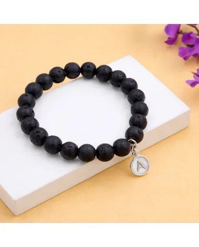 Lava Bead Bracelet - A Charm 925 Silver Personalised Initial