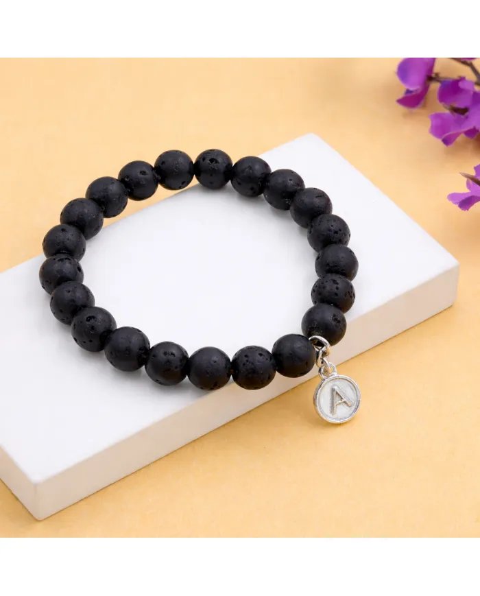 Lava Bead Bracelet - 925 Silver Initial A Charm for Her & Him