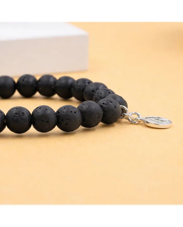 Lava Bead Bracelet - 925 Silver Initial A Charm for Her & Him