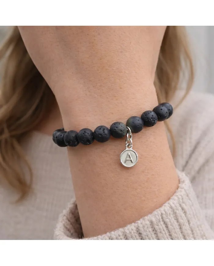 Lava Bead Bracelet - A Charm 925 Silver Personalised Initial
