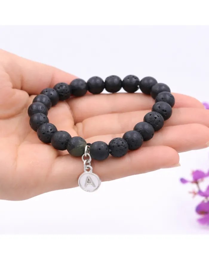 Lava Bead Bracelet - 925 Silver Initial A Charm for Her & Him