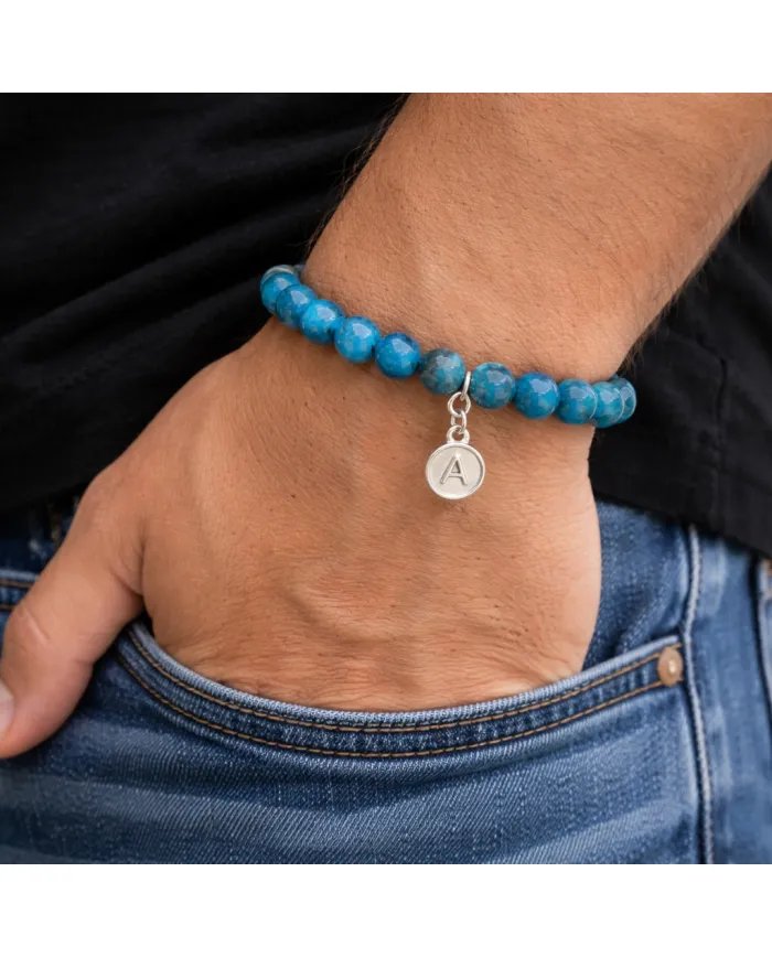 Apatite Bead Bracelet - 925 Silver Initial A Charm for Her & Him