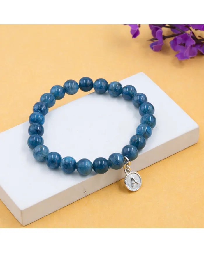 Apatite Bead Bracelet - 925 Silver Initial A Charm for Her & Him