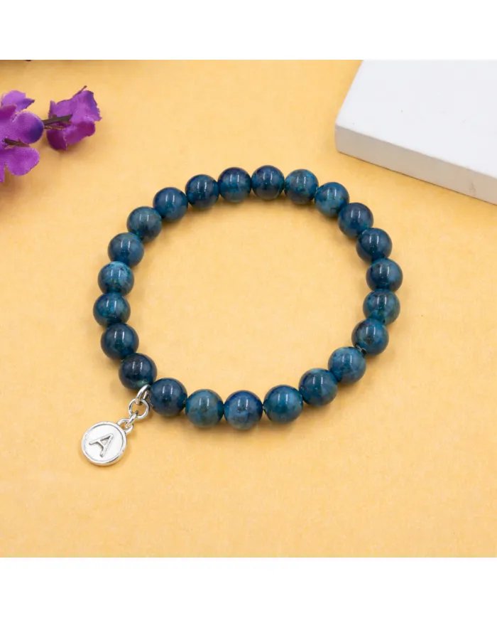 Apatite Beads Bracelet - A Charm 925 Silver Personalised Initial
