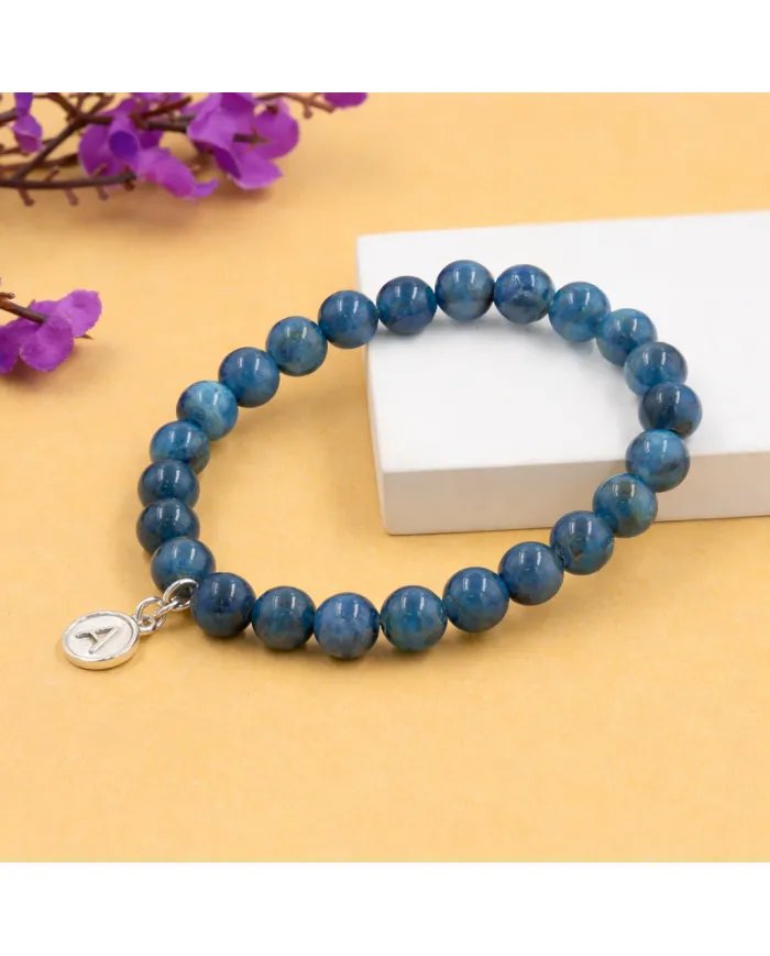 Apatite Bead Bracelet - 925 Silver Initial A Charm for Her & Him