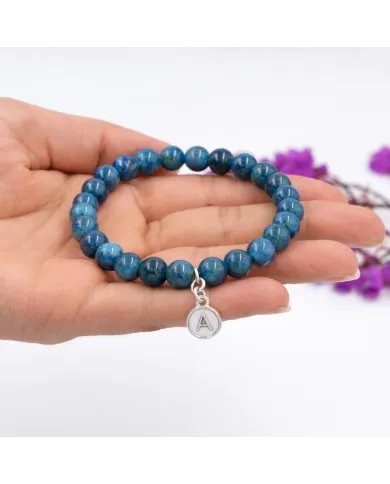 Apatite Bead Bracelet - 925 Silver Initial A Charm for Her & Him