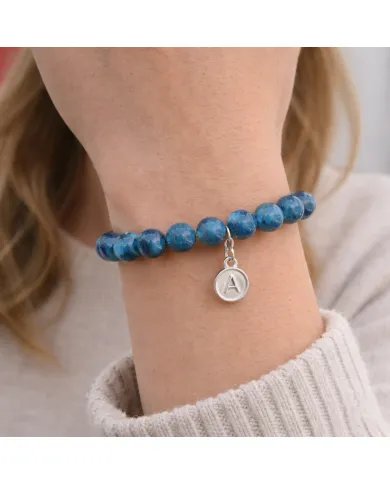 Apatite Bead Bracelet - 925 Silver Initial A Charm for Her & Him