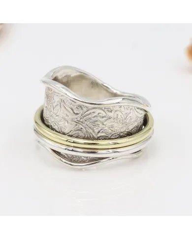 Two Tone Spinner Ring - 925 Sterling Silver Fidget & Stress Relief Jewelry