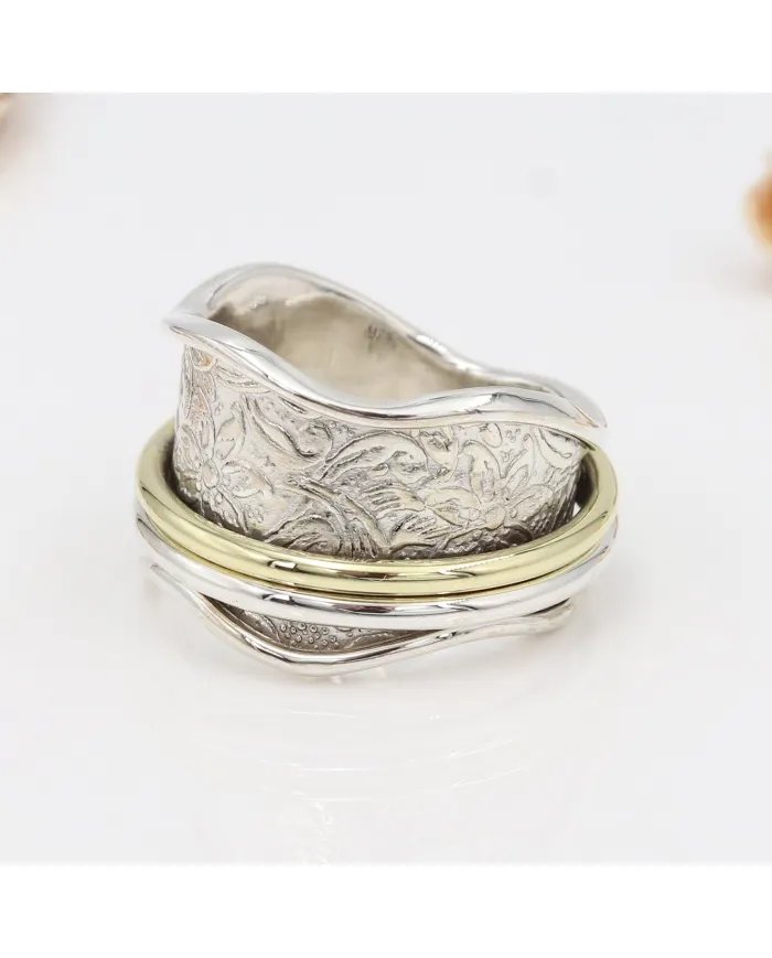 Two Tone Spinner Ring - 925 Sterling Silver Fidget & Stress Relief Jewelry