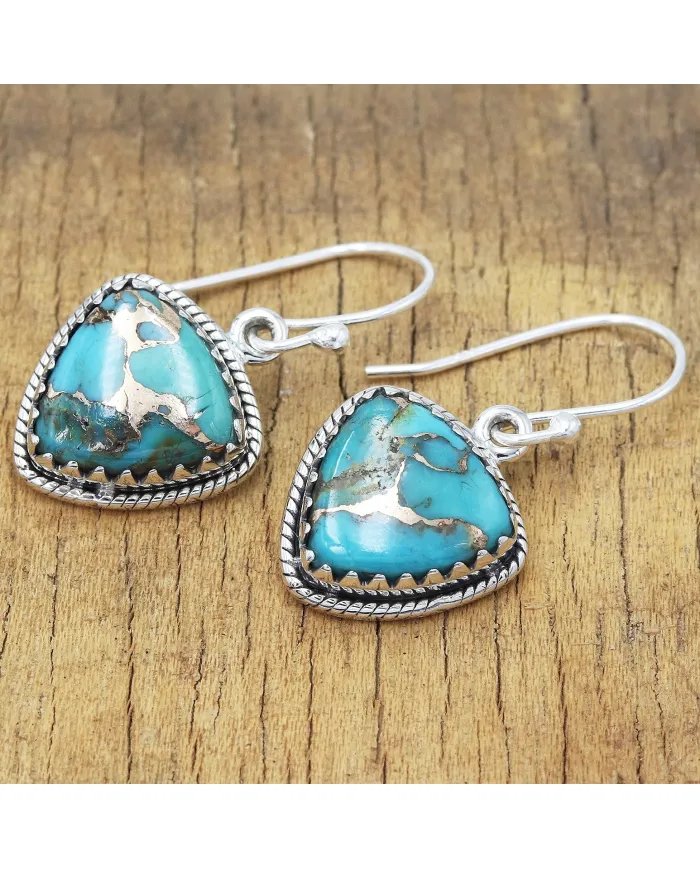 Blue Copper Turquoise Earrings - 925 Sterling Silver Handmade Jewelry