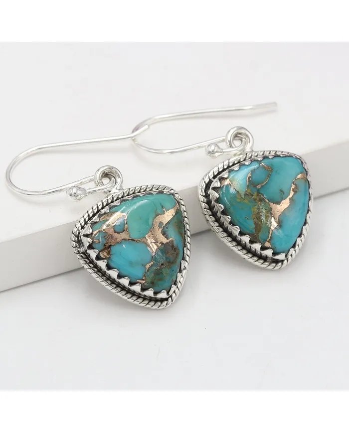 Blue Copper Turquoise Earrings - 925 Sterling Silver Handmade Jewelry