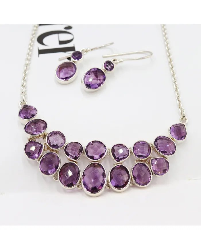 Amethyst Necklace Set - 925 Silver Handmade Purple Gemstone Jewelry