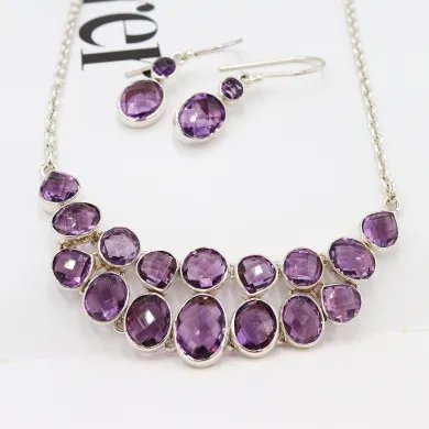 Amethyst Necklace Set - 925 Silver Handmade Purple Gemstone Jewelry