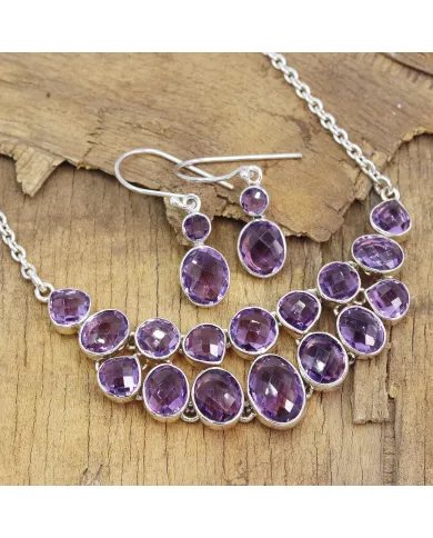 Amethyst Necklace Set - 925 Silver Handmade Purple Gemstone Jewelry