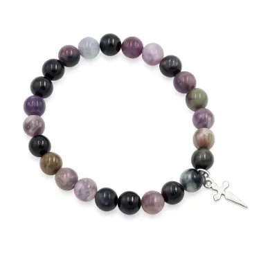 Botswana Agate Beads Bracelet - 925 Silver Cross Charm Unisex Jewelry