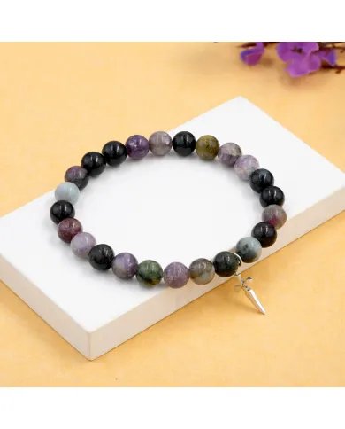 Tourmaline 8mm Beads Bracelet - 925 Silver Cross Charm Unisex Jewelry