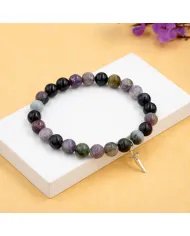 Botswana Agate Beads Bracelet - 925 Silver Cross Charm Unisex Jewelry