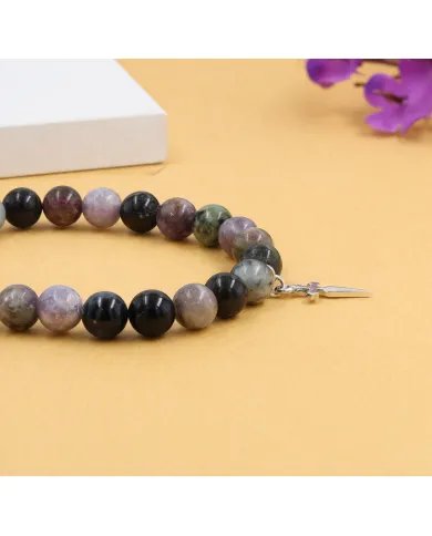 Tourmaline 8mm Beads Bracelet - 925 Silver Cross Charm Unisex Jewelry