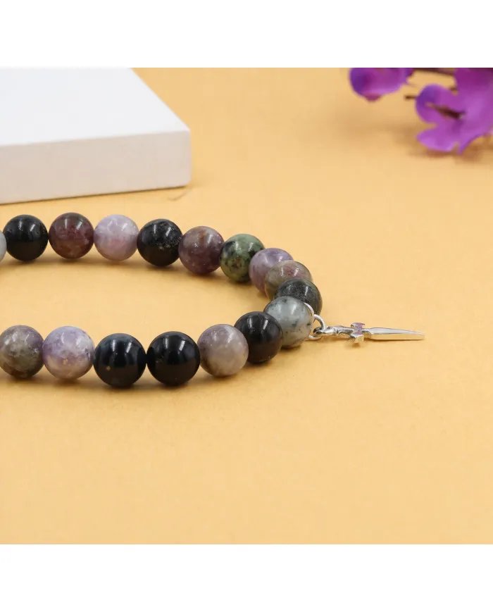Tourmaline 8mm Beads Bracelet - 925 Silver Cross Charm Unisex Jewelry