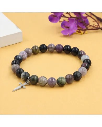 Tourmaline 8mm Beads Bracelet - 925 Silver Cross Charm Unisex Jewelry