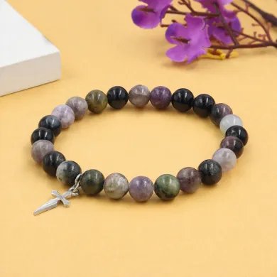 Botswana Agate Beads Bracelet - 925 Silver Cross Charm Unisex Jewelry