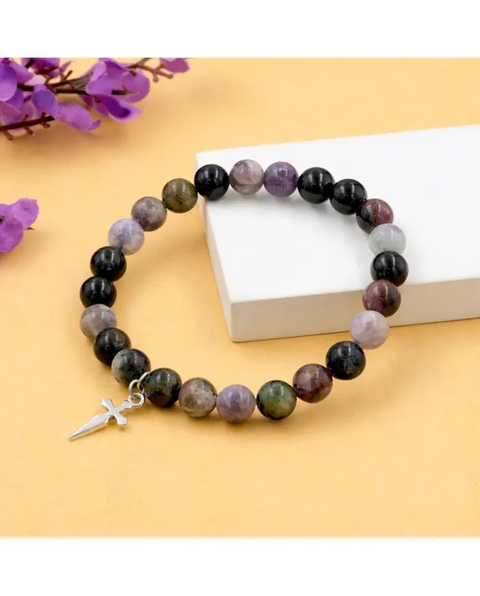 Botswana Agate Beads Bracelet - 925 Silver Cross Charm Unisex Jewelry