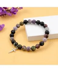 Tourmaline 8mm Beads Bracelet - 925 Silver Cross Charm Unisex Jewelry