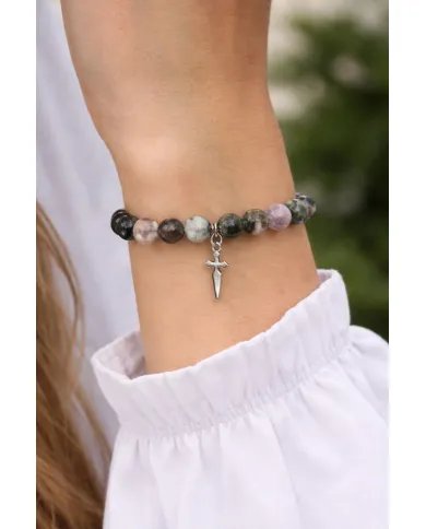 Tourmaline 8mm Beads Bracelet - 925 Silver Cross Charm Unisex Jewelry