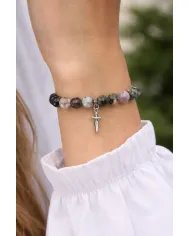 Botswana Agate Beads Bracelet - 925 Silver Cross Charm Unisex Jewelry