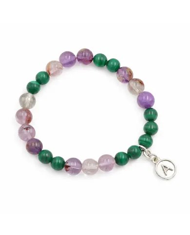 Super 7 Beads Bracelet with Malachite - 925 Silver Personalised Initial Charm