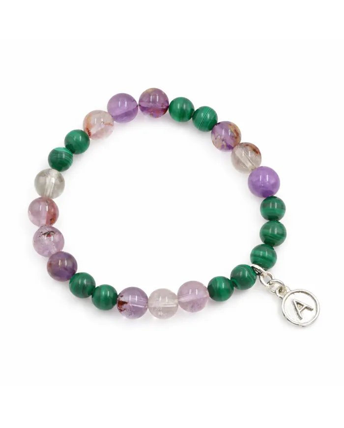Super 7 Beads Bracelet with Malachite - 925 Silver Personalised Initial Charm