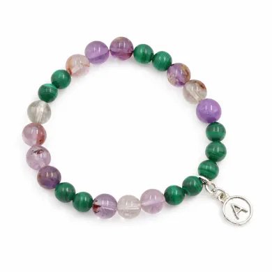 Super 7 Beads Bracelet with Malachite - 925 Silver Personalised Initial Charm