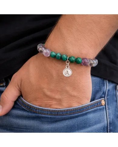 Super 7 Beads Bracelet with Malachite - 925 Silver Personalised Initial Charm